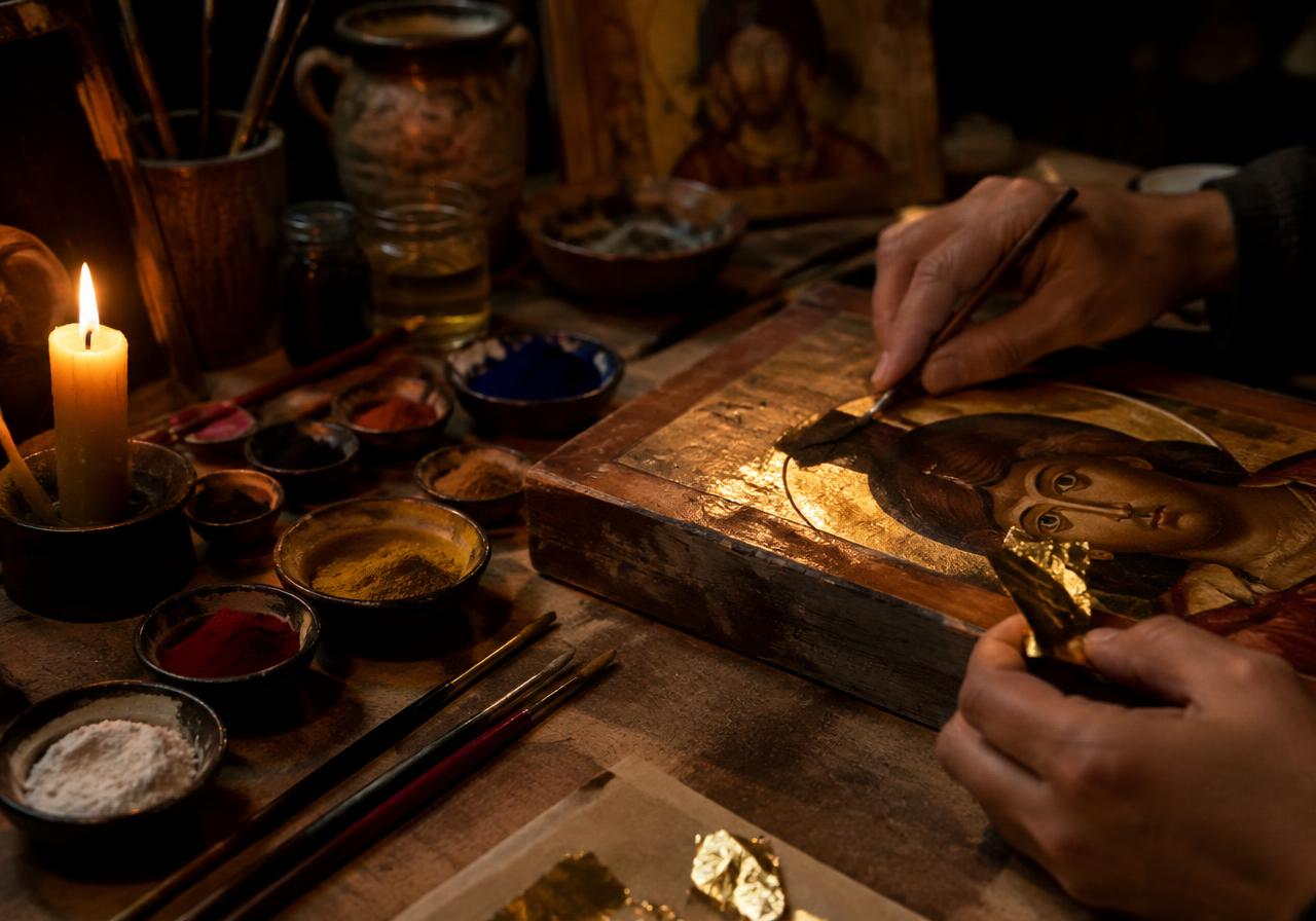 An iconographer's hands laying gold leaf onto a wooden icon panel beside pigments and a candle