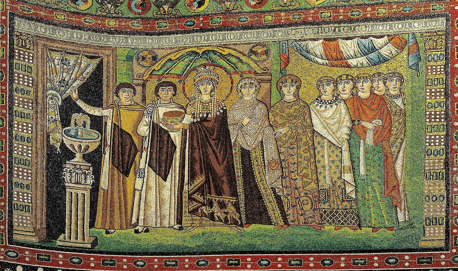 Mosaic of Empress Theodora holding a jewelled chalice, with court ladies and attendants beside a fountain