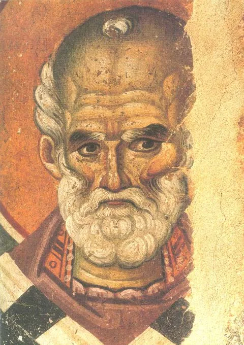 Fresco head of St Nicholas, an elderly bishop with white hair and beard